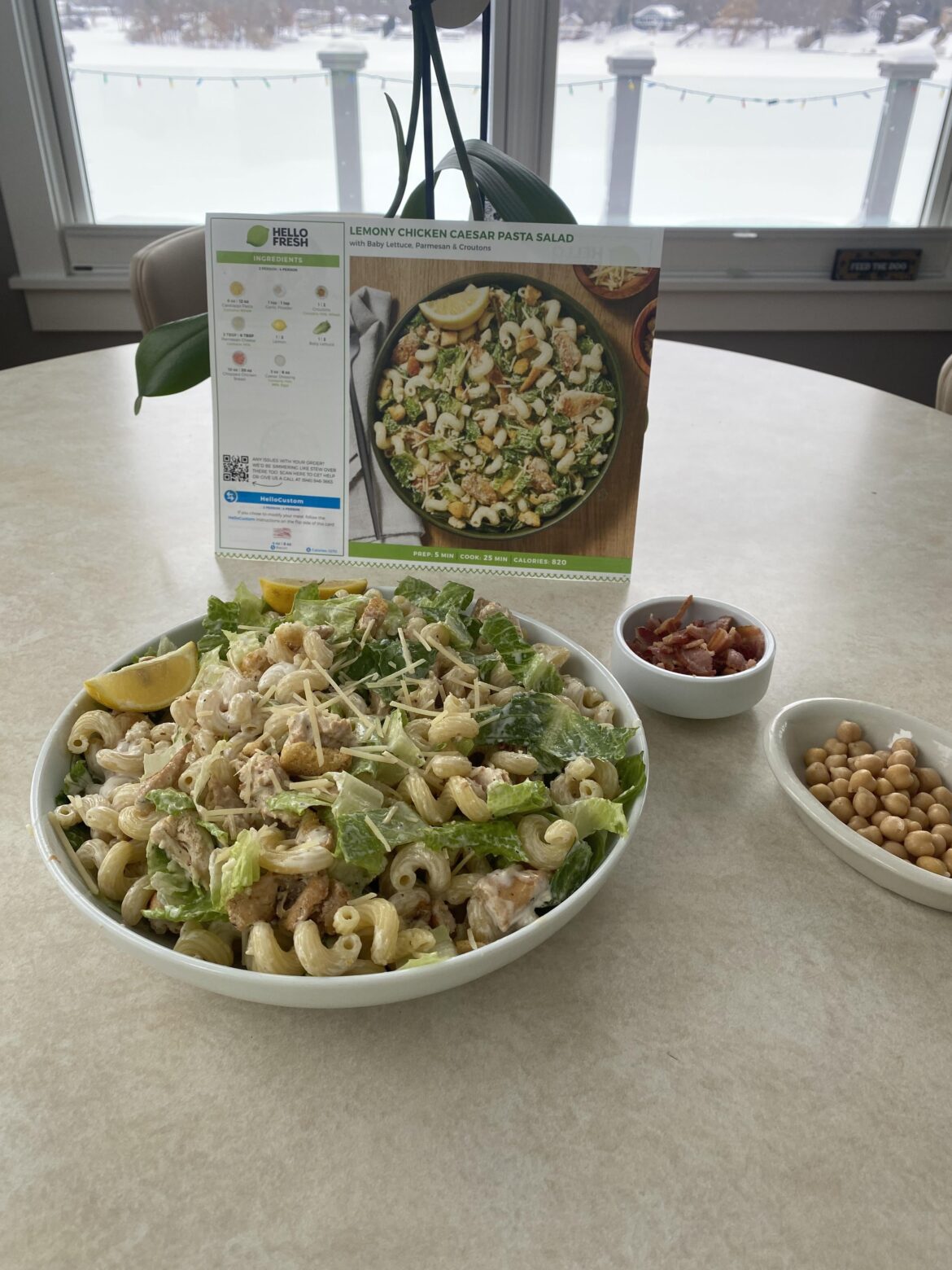 Lemony chicken Caesar Salad with pasta (bacon and chickpeas optional)