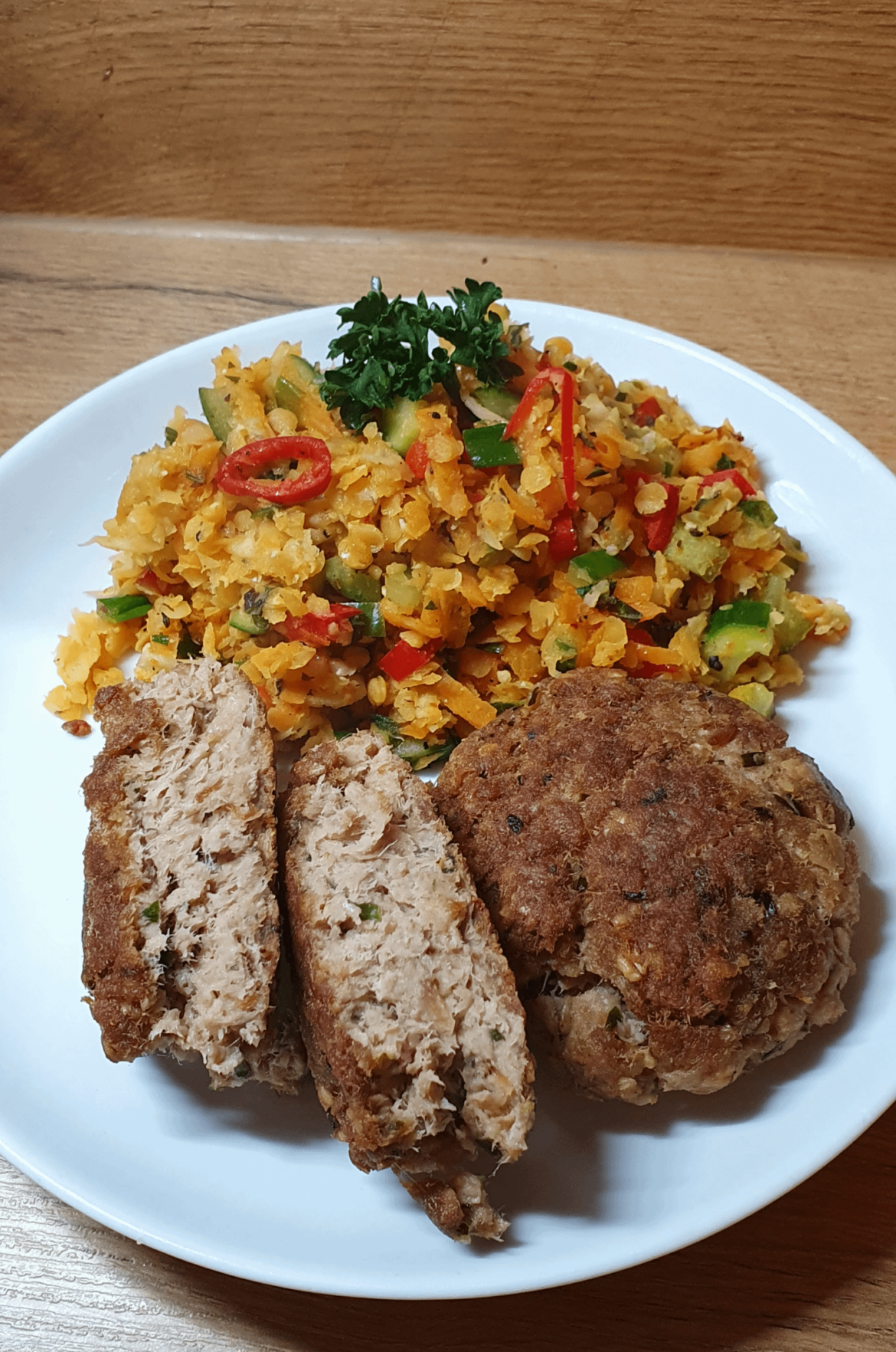 tuna meatballs with slightly warm lentil salad