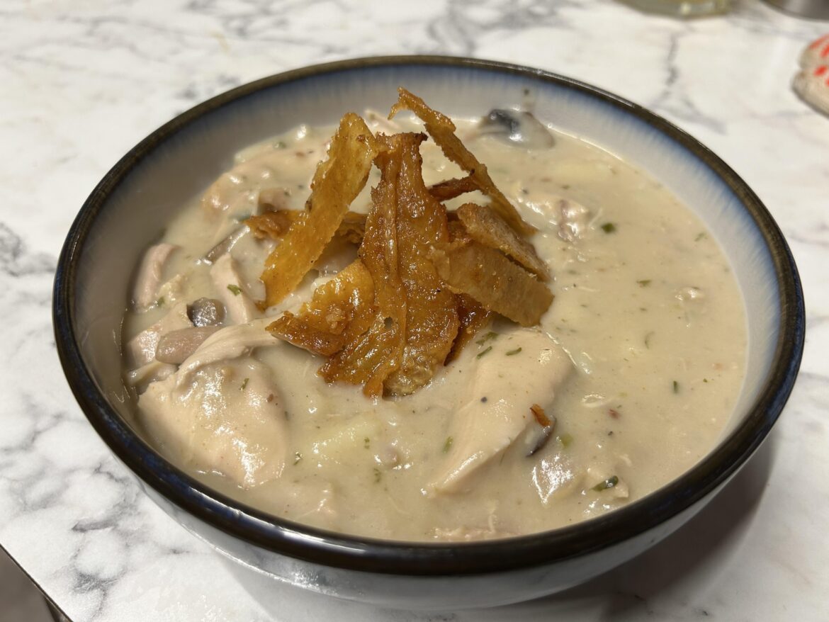 SV chicken thigh stew, roasted potatoes & mushrooms w/crispy skin