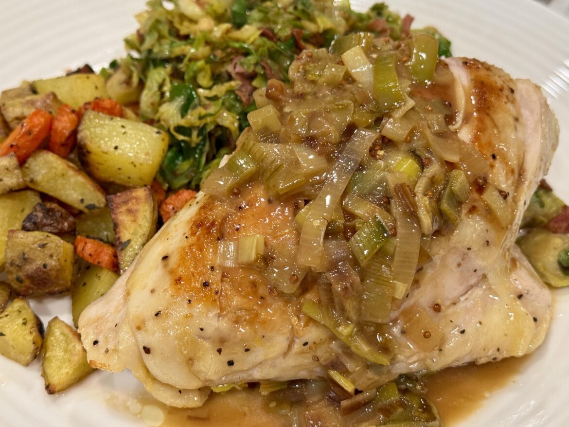 My first sous vide meal: ATK Crispy-Skinned Bone-In Chicken Beast with Leek & White Wine Pan Sauce