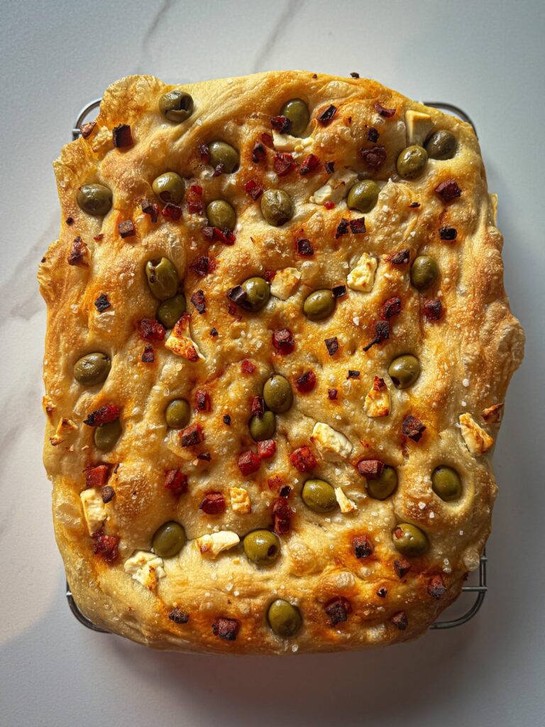 Foccacia is my new favourite thing to bake - chorizo, feta and olives