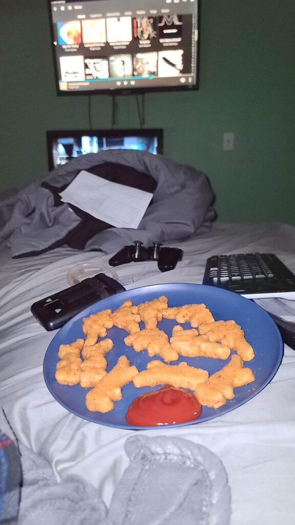 Microwaved dino nuggets and some pirated PS3 games. Life is good.