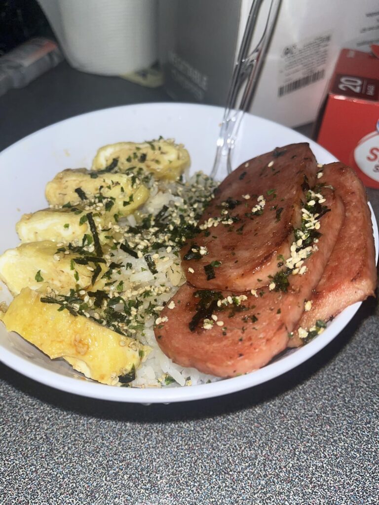 Fried spam and tomago on rice