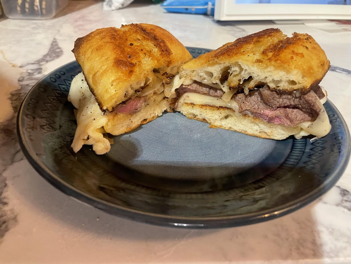 About to go bad steak, leftover ciabatta bread, a little bit of leftover onion