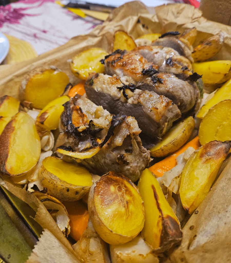 Juicy pork tenderloin with veggies in the oven