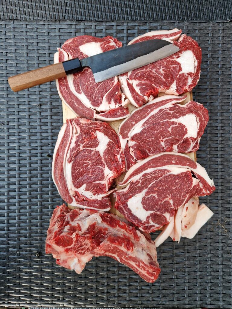 2.8kg rib of beef I bought from a local farm. Cut in to steaks.