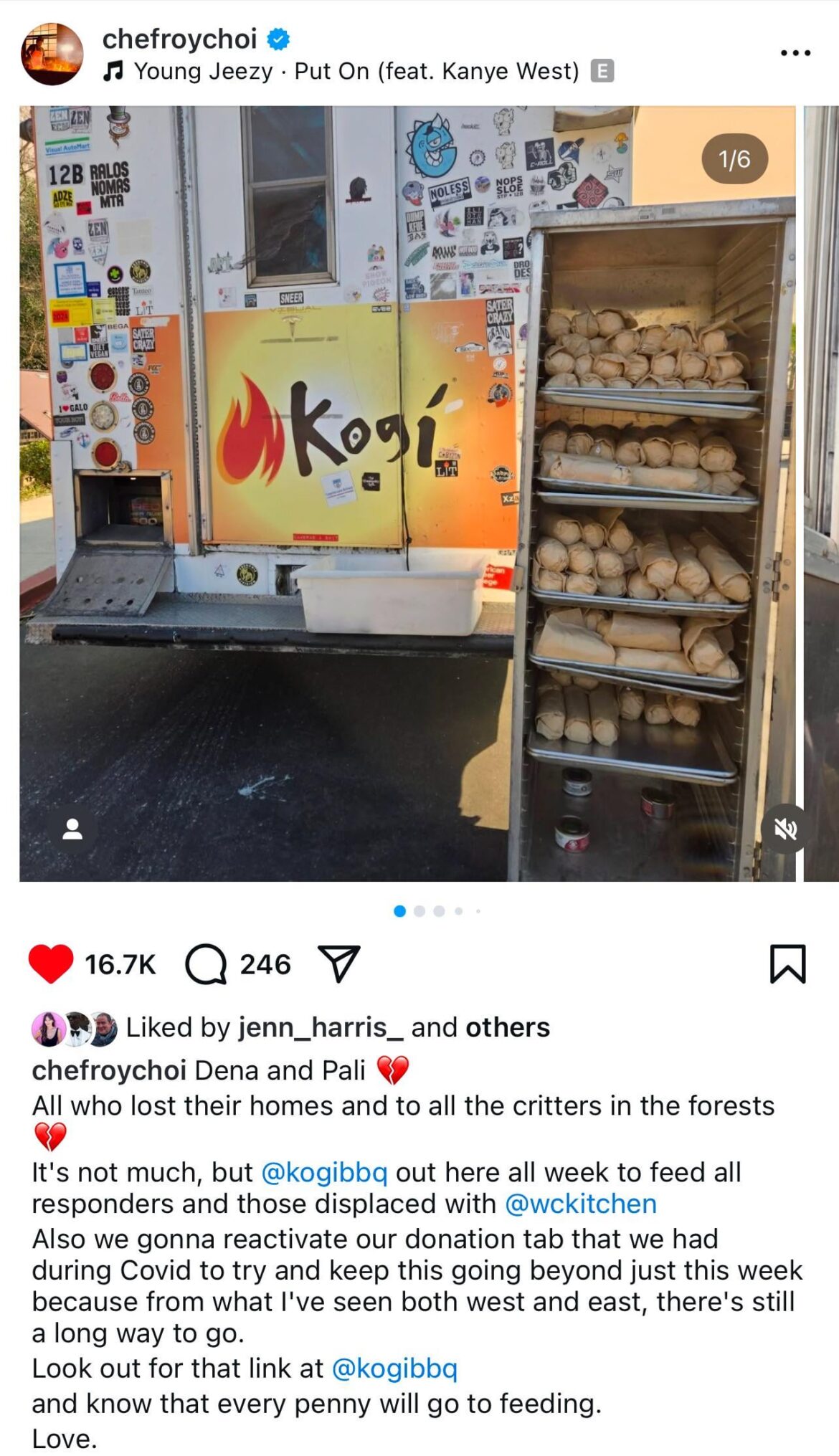 Kogi BBQ truck working with WCK giving free food to first responders and displaced residents