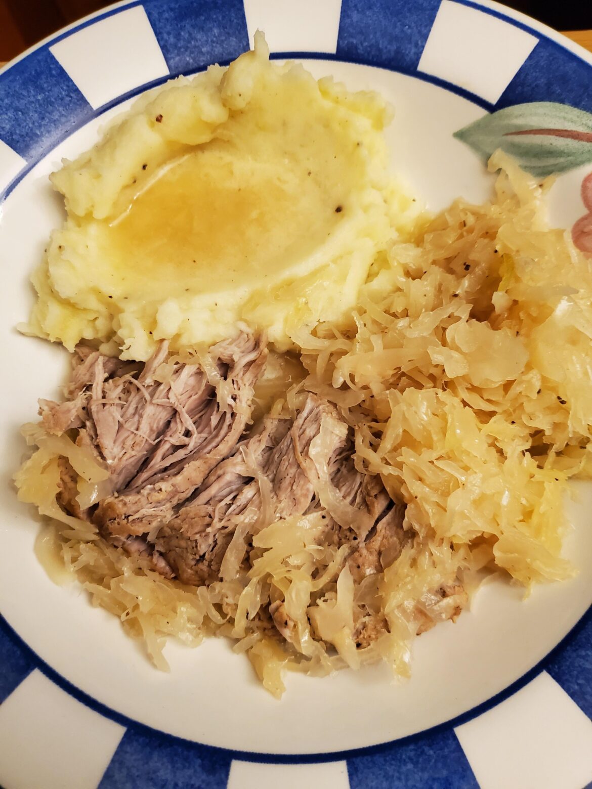 This is how PA celebrate New Year's Day. Pork and sauerkraut with mashed potatoes.