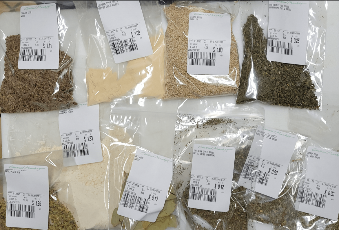 Central Market S. bulk haul: basil 3¢, spearmint 12¢, bay leaves 13¢, peppermint 25¢, catnip 30¢