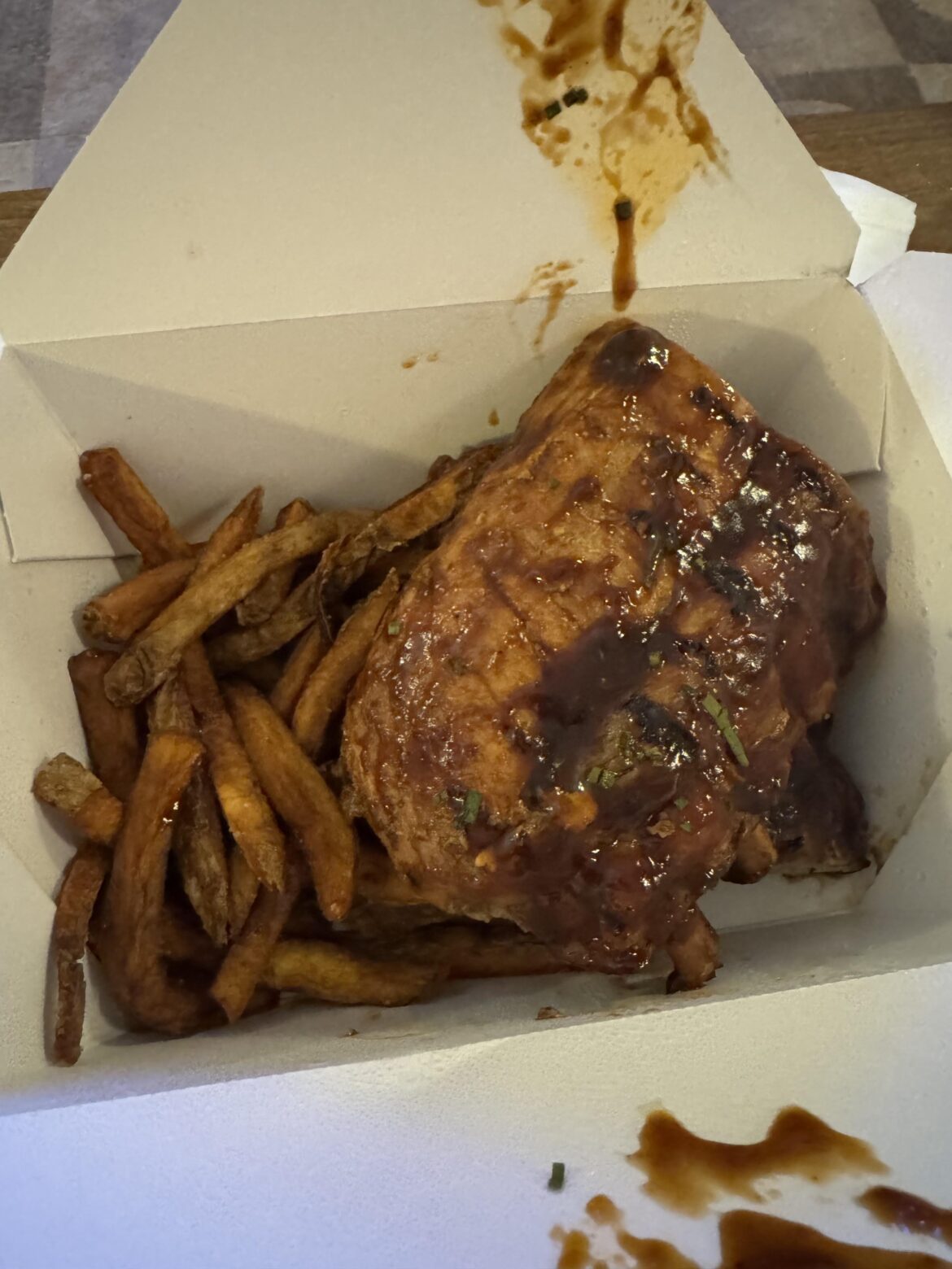 This picture is god awful. But Robby’s on Santa Monica Blvd offers a massive amount of “fall off the bone” baby back ribs on top of a pile of crispy fries. It tastes like Houston’s. Promise better than it looks.