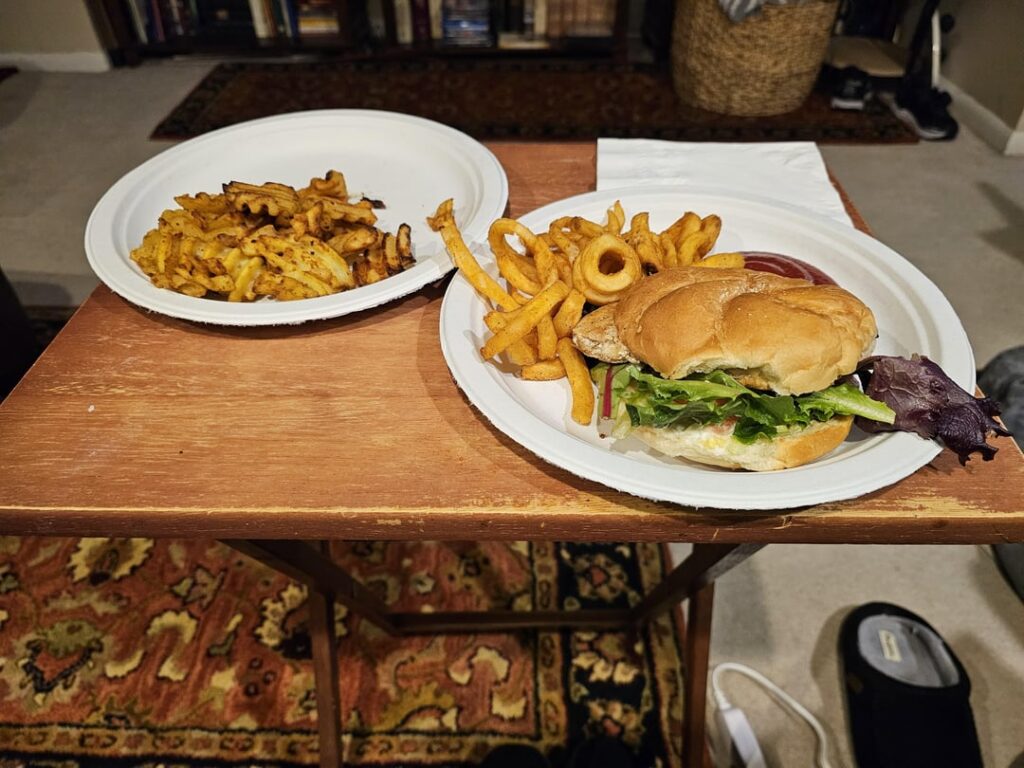 Grilled Chicken Sandwich with regular fries, curly fries from Roberts in Milwaukee Wisconsin and Seasoned Waffle fries(I had at home) 🍟