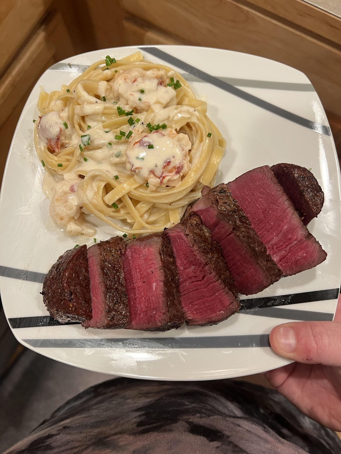 Pasta with lobster sauce and reverse seared filet. The lady loved it!