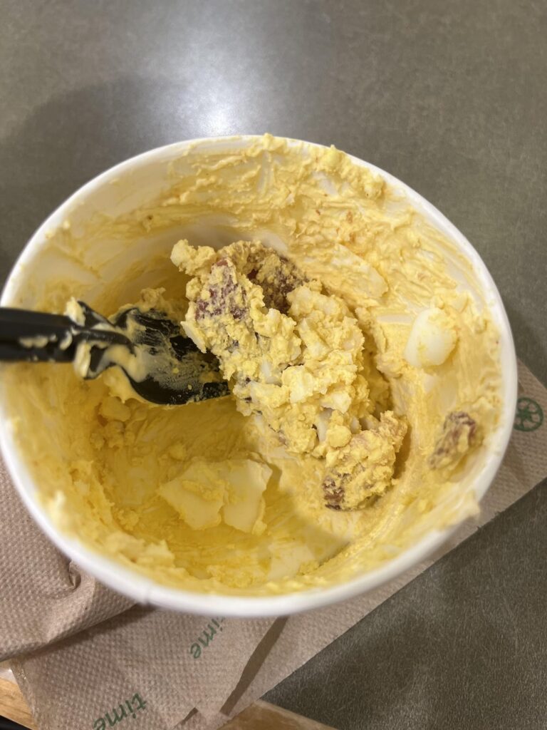 Hard boiled egg, strip of bacon, cream cheese, tobasco. I’m already about to fart.