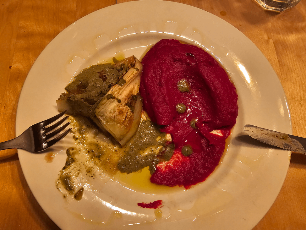 White Cabbage roast with red beet mash and a Sauce of Basil, Garlic, Coriander and Parsley