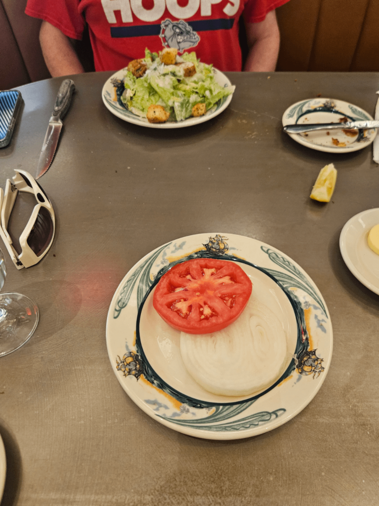 Went to a fancy steakhouse and for a starter they had the option for a thick slice of onion and tomato