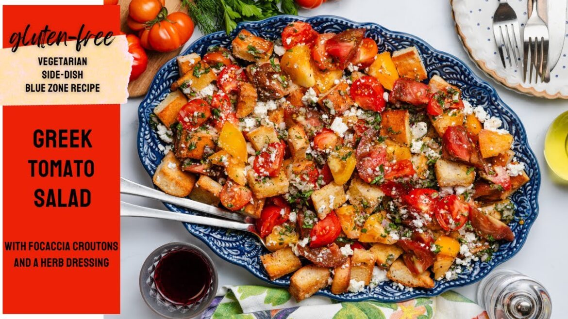 Easy Greek Tomato Salad with Focaccia Croutons and Herb Dressing (gluten-free)