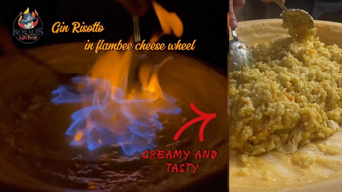 GIN RISOTTO IN FLAMBEE CHEESE WHEEL #risotto #rice #italianfood  #flambe #koskoskitchen
