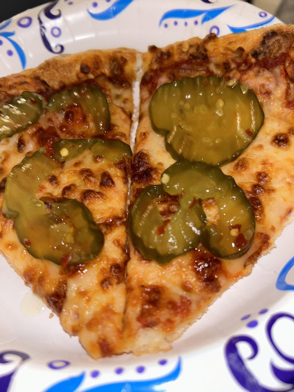 Fighting the Sunday scaries with sweet and spicy pickles on leftover domino pizza
