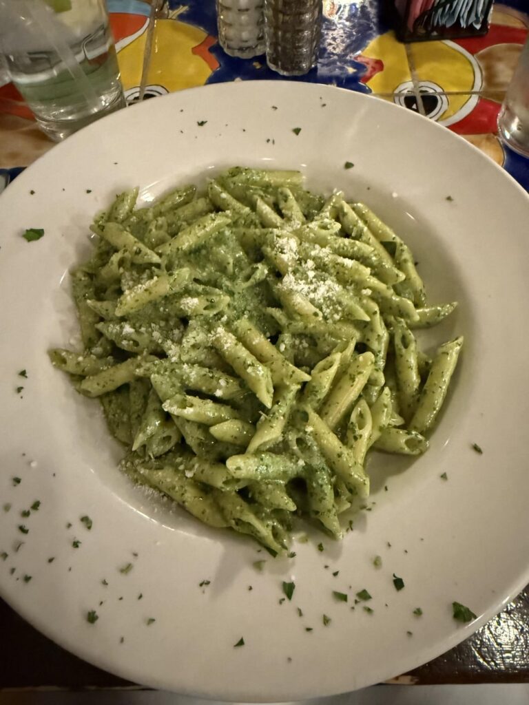 Calories in this whole pesto penne? Second photo is what I didn’t eat