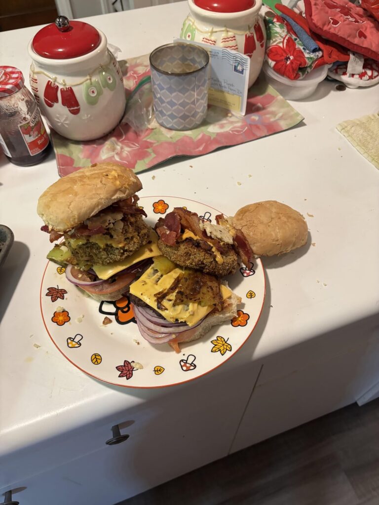 Cheeseburger with a crabcake patty on it