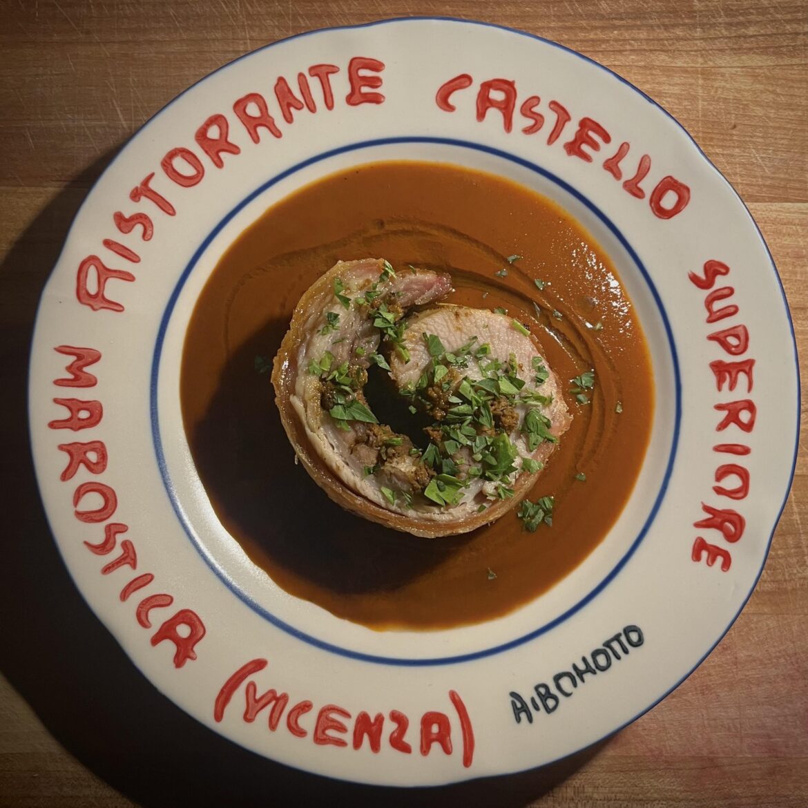 Pork belly, salsa brava, thyme oil