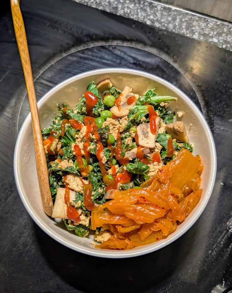 Tofu scramble with kimchi & a slice of bread (not pictured)