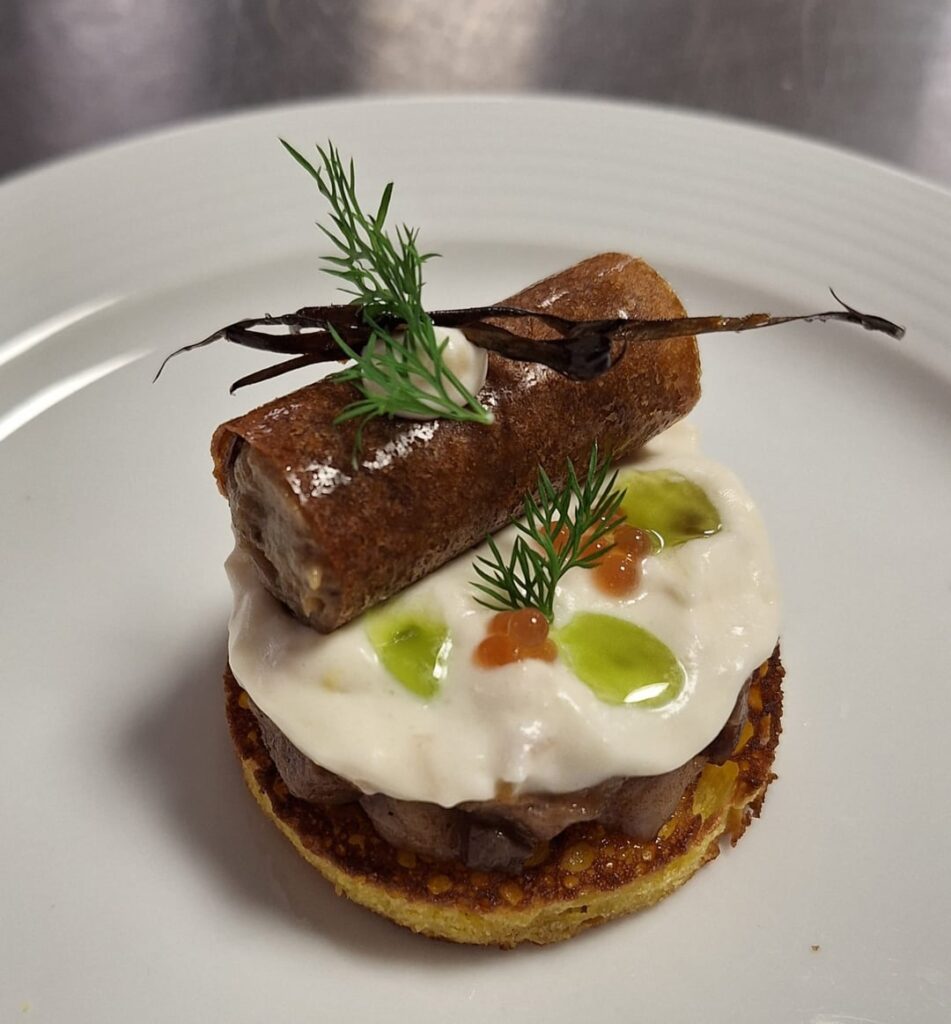 Safran brioche, catfish tartar with pear, pickeled ginger cream, eggplant canoli, fried eggplant peel, nolly prat caviar and dill oil