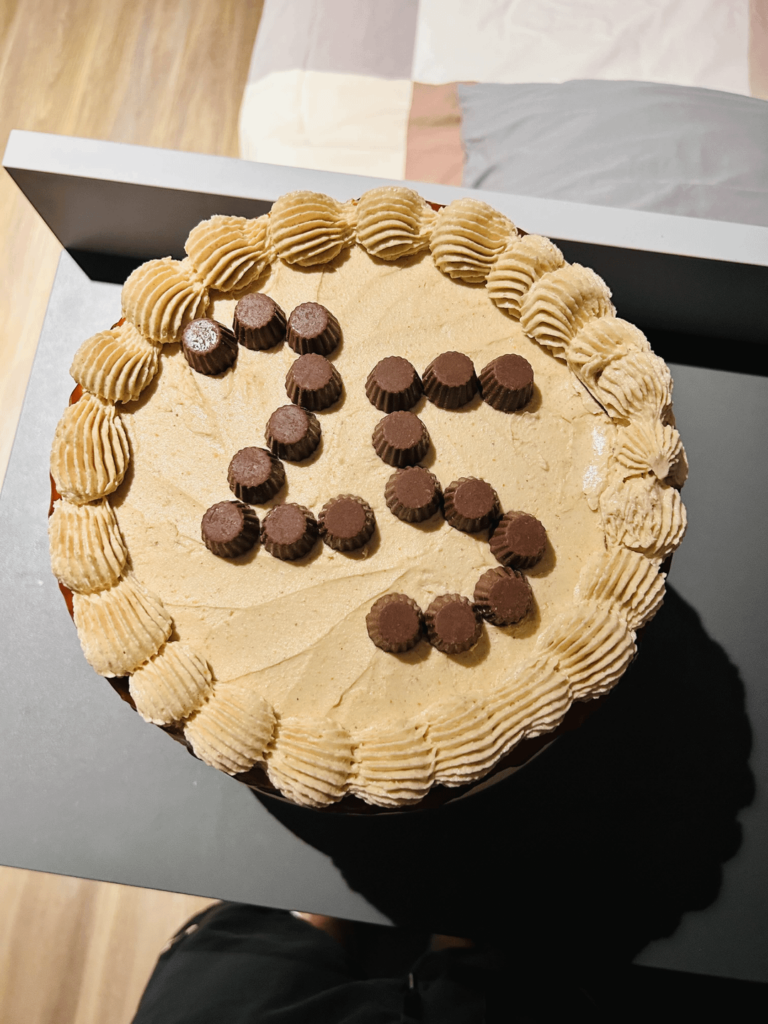 In preparation for my birthday, I surprised myself with a homemade birthday cake- peanut butter chocolate with salted caramel filling.