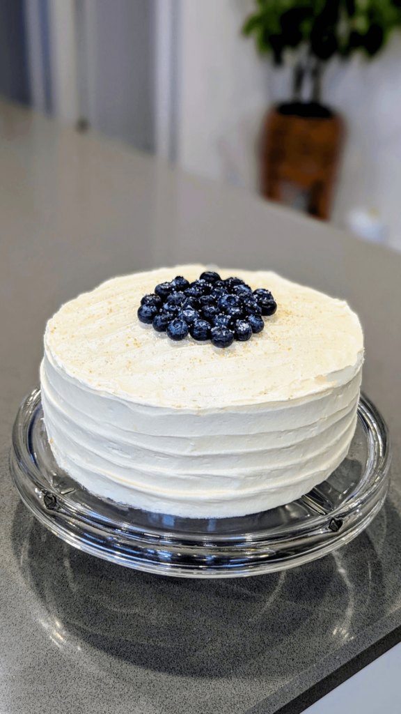 Lemon blueberry cake w/ lemon curd filling & cream cheese icing. Happy birthday to my Grandma.