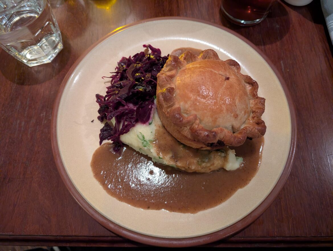 Beef & Onion Pie with gravy, red cabbage and champ - Queen and Beaver