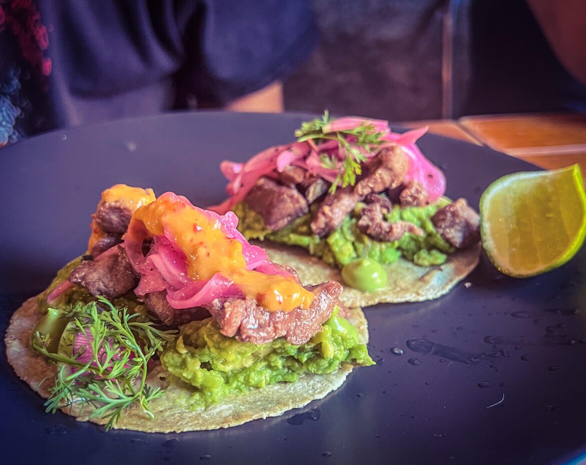 Carne Asada Tacos with pickled radish and avocado - La Casa De Mescal, Oaxaca Mexico