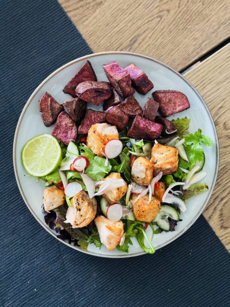 chili and lime salmon salad with roasted purple sweet potatoes