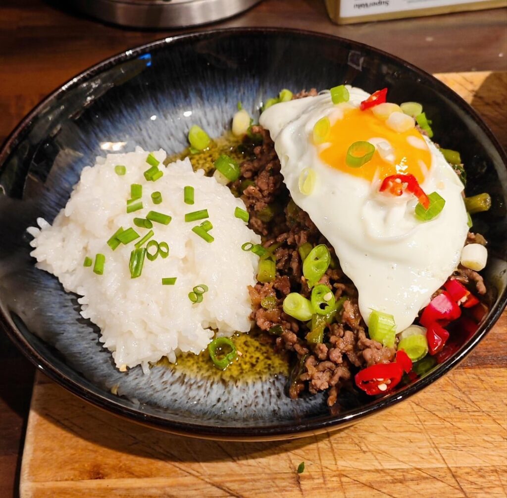 Pad Kra Pao (beef mince with basil and chili) with Jasmine rice