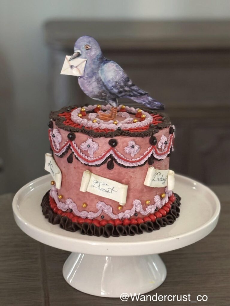 I made a messenger pigeon cake for Valentine’s Day