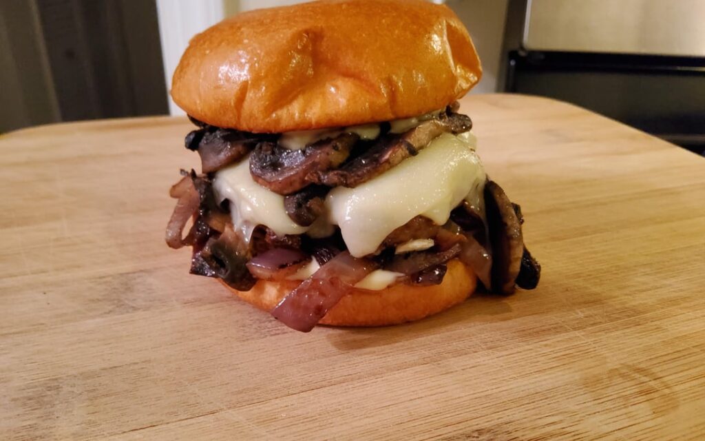I was hungry for a burger. So here's my take on a Swiss mushroom burger. Patty is mix of chuck, brisket and sirloin.