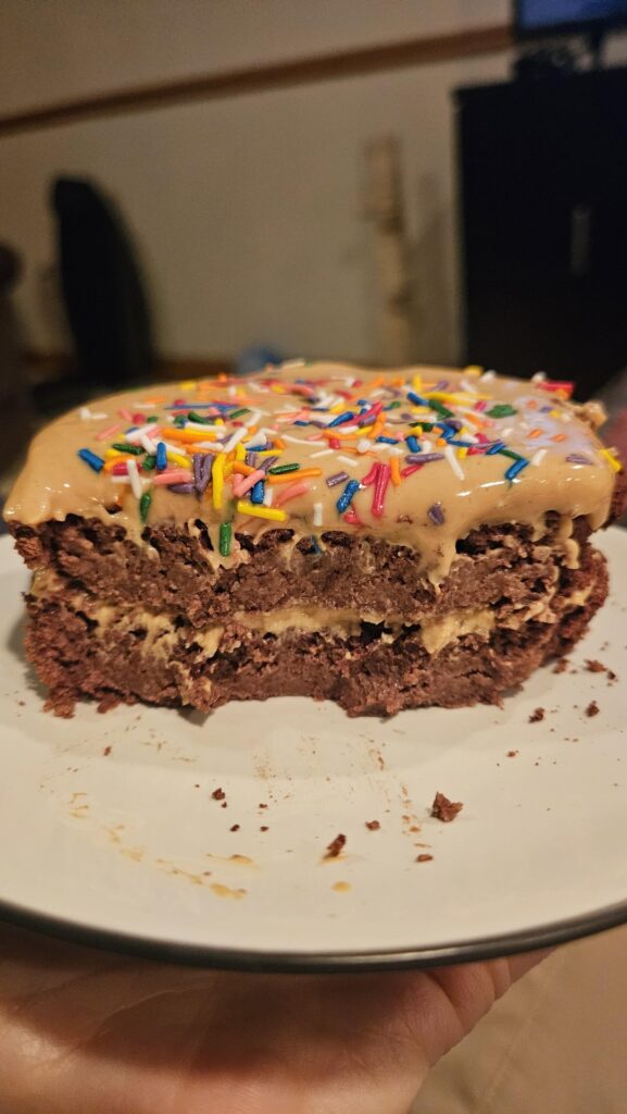Personal chocolate cake with peanut butter frosting. 296 cals