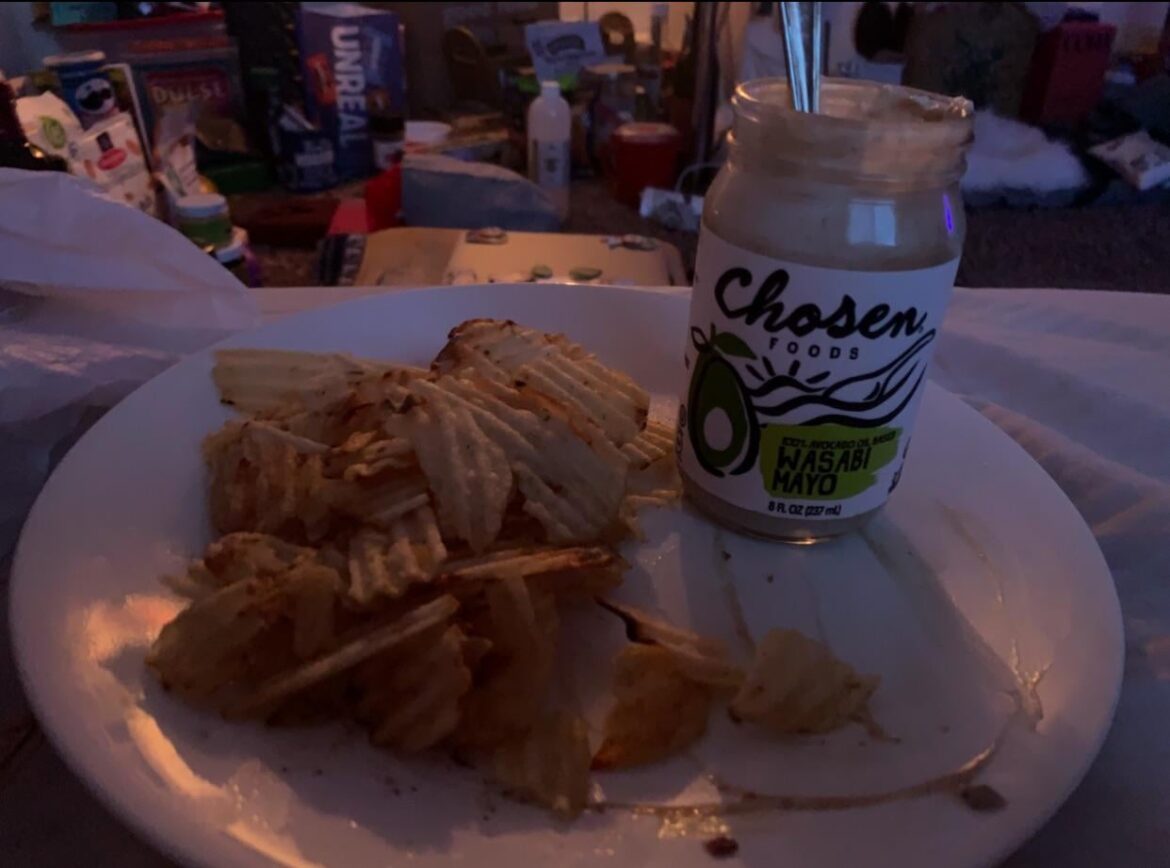Grocery outlet chips and wasabi mayo w some hot honey, Greek yogurt, and honey mustard.