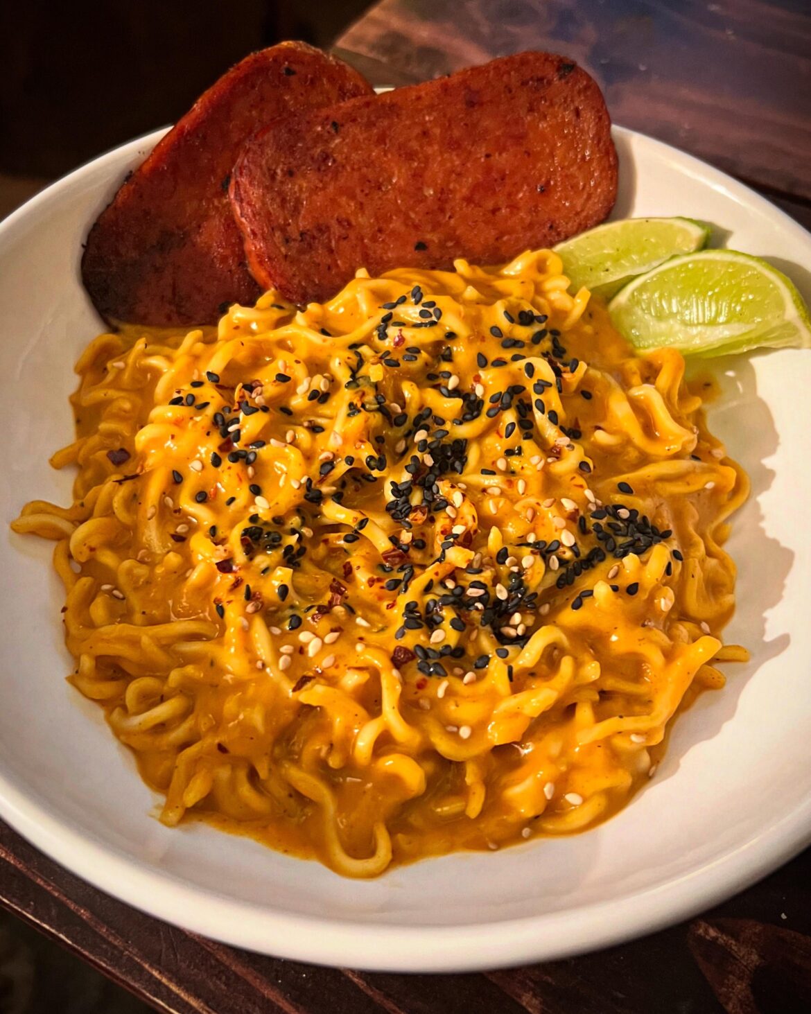 spicy butternut squash & peanut ramen noodles with pan fried gochujang spam