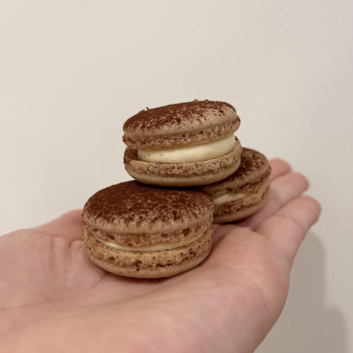 Tiramisu Macarons I made for my brother!  The marscapone filling was heavenly.