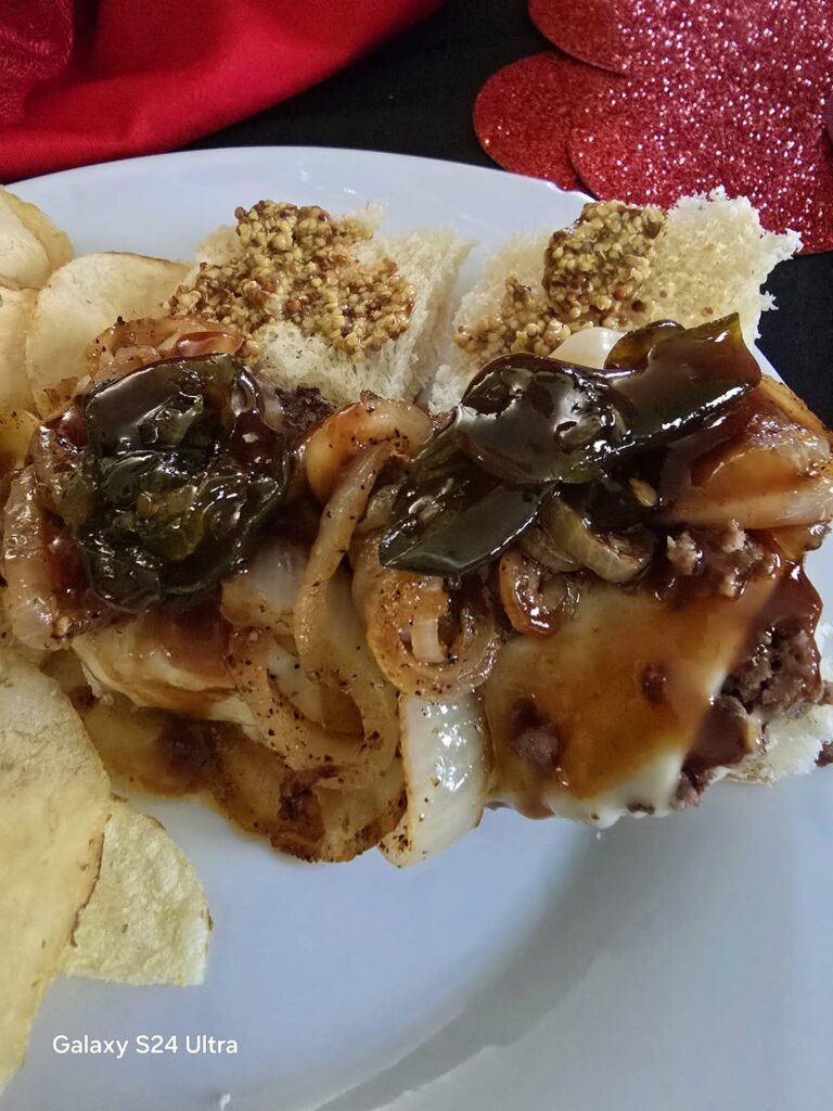 Swiss, sautéed onions, candied jalapenos, Hot honey sauce and stone ground mustard! 😋