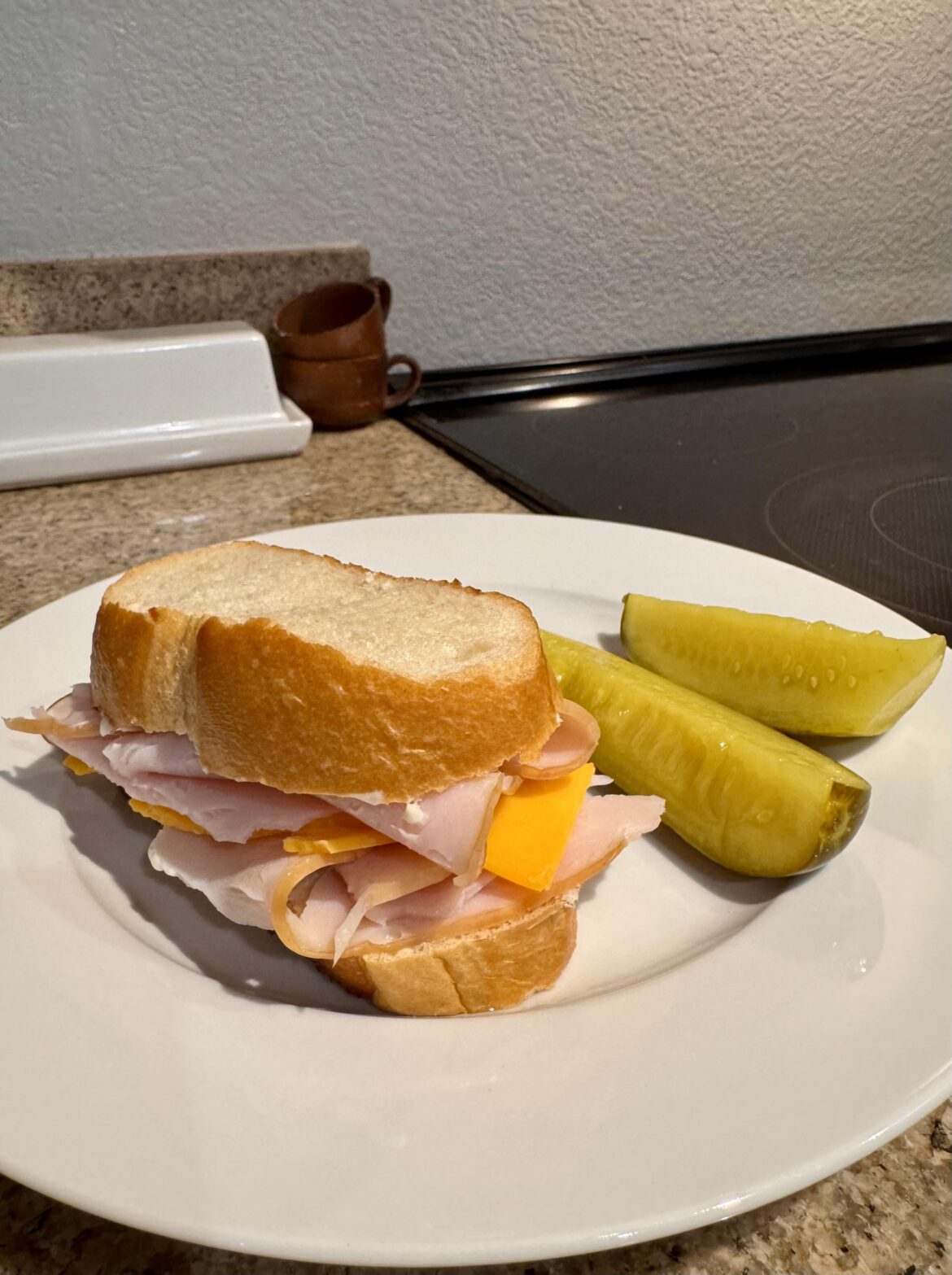 Mesquite turkey and sharp cheddar with mayo and black pepper on Italian bread 🫨