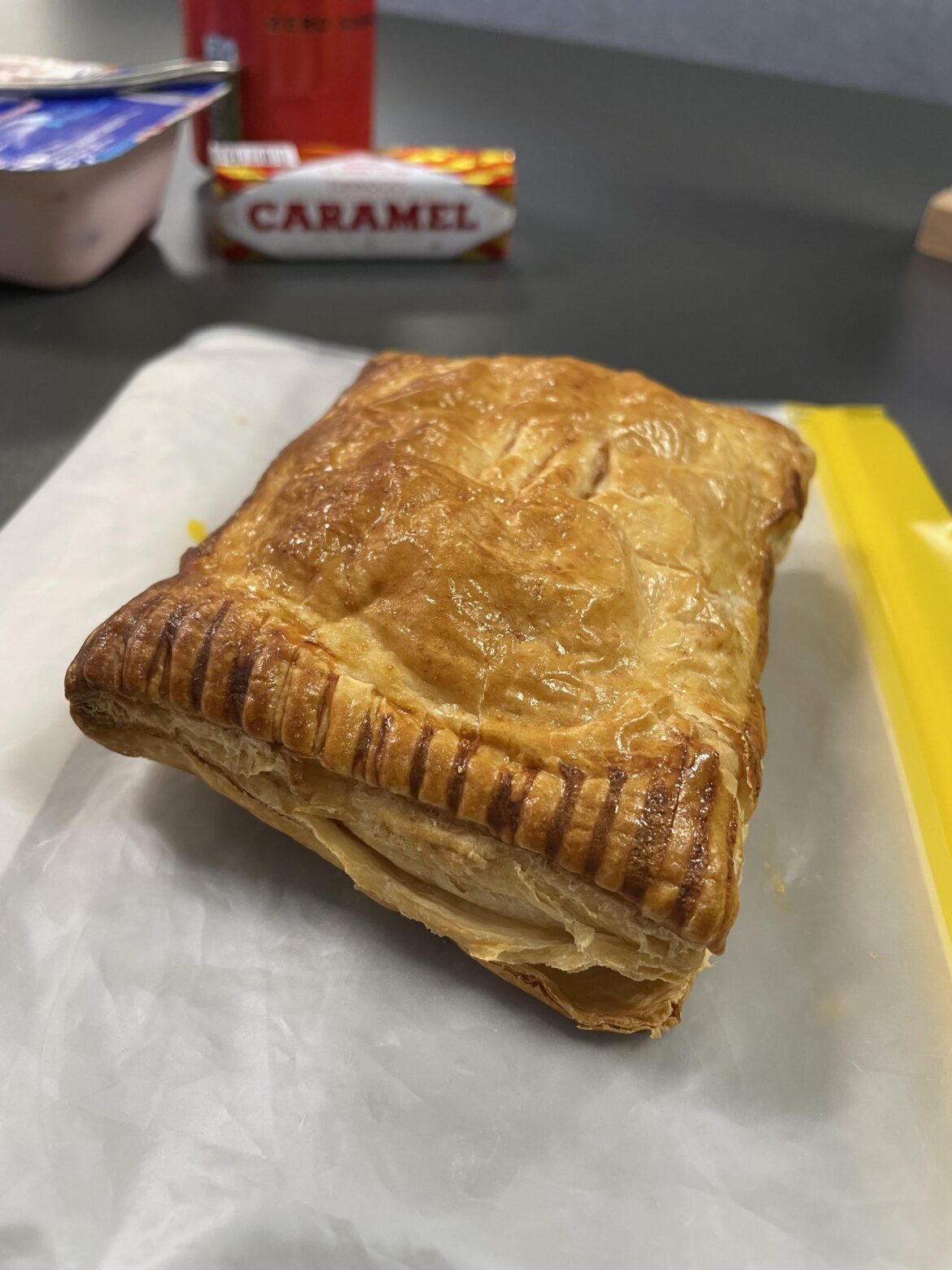 Had some leftover chicken and leek pie filling, so I made a pasty for my work lunch.