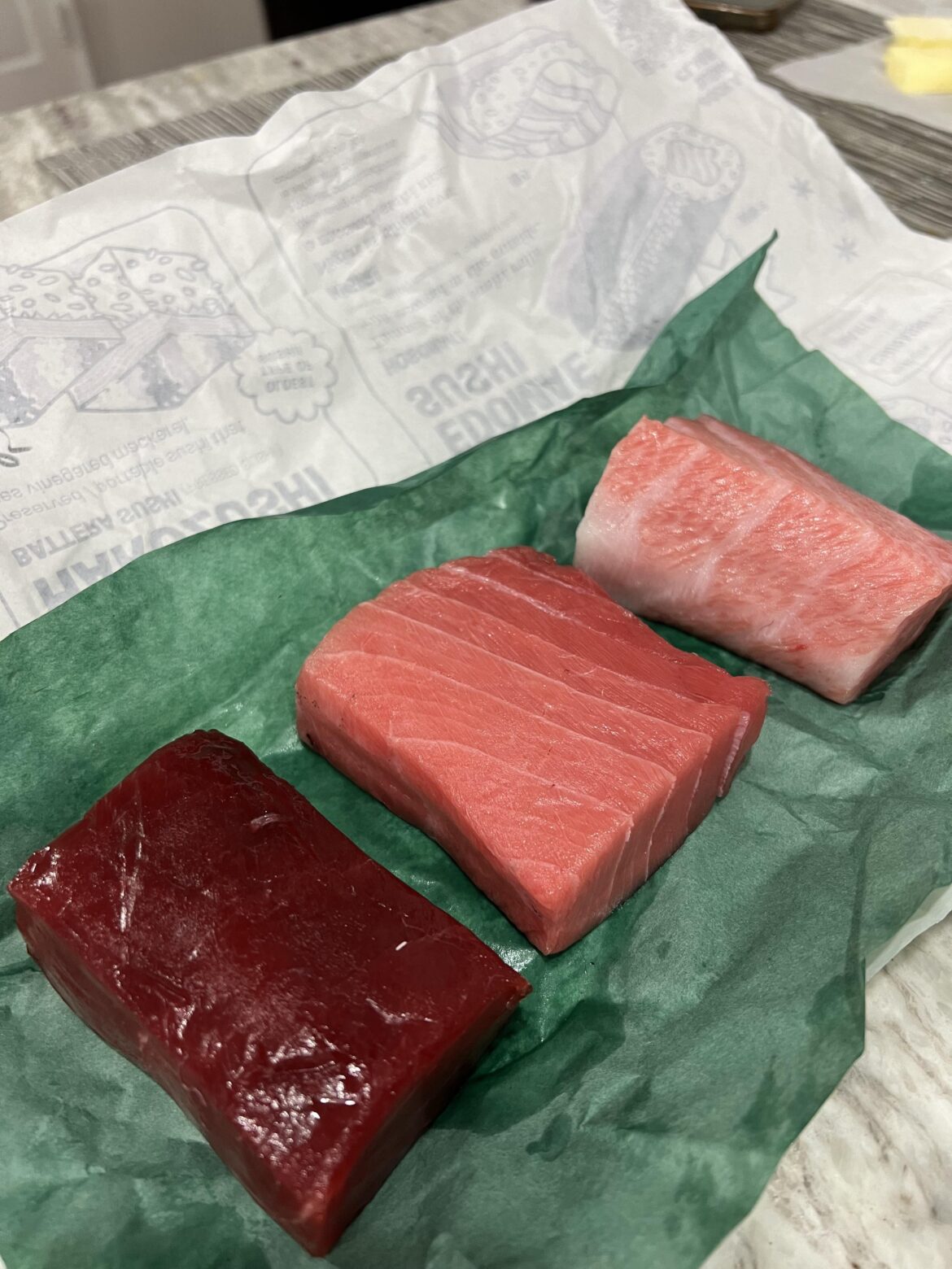 Akami, chutoro, and otoro cuts for homemade sushi night!