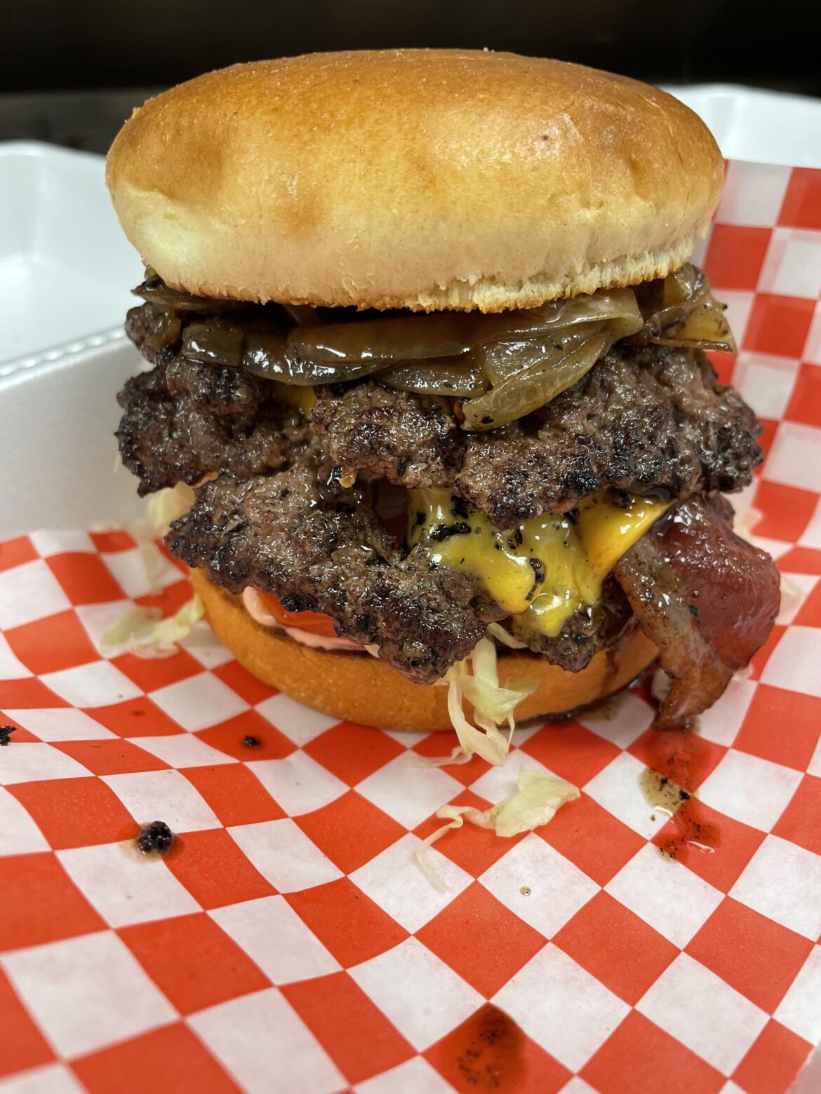 fry sauce, tomato, lettuce, bacon, American, grilled onion on brioche B)