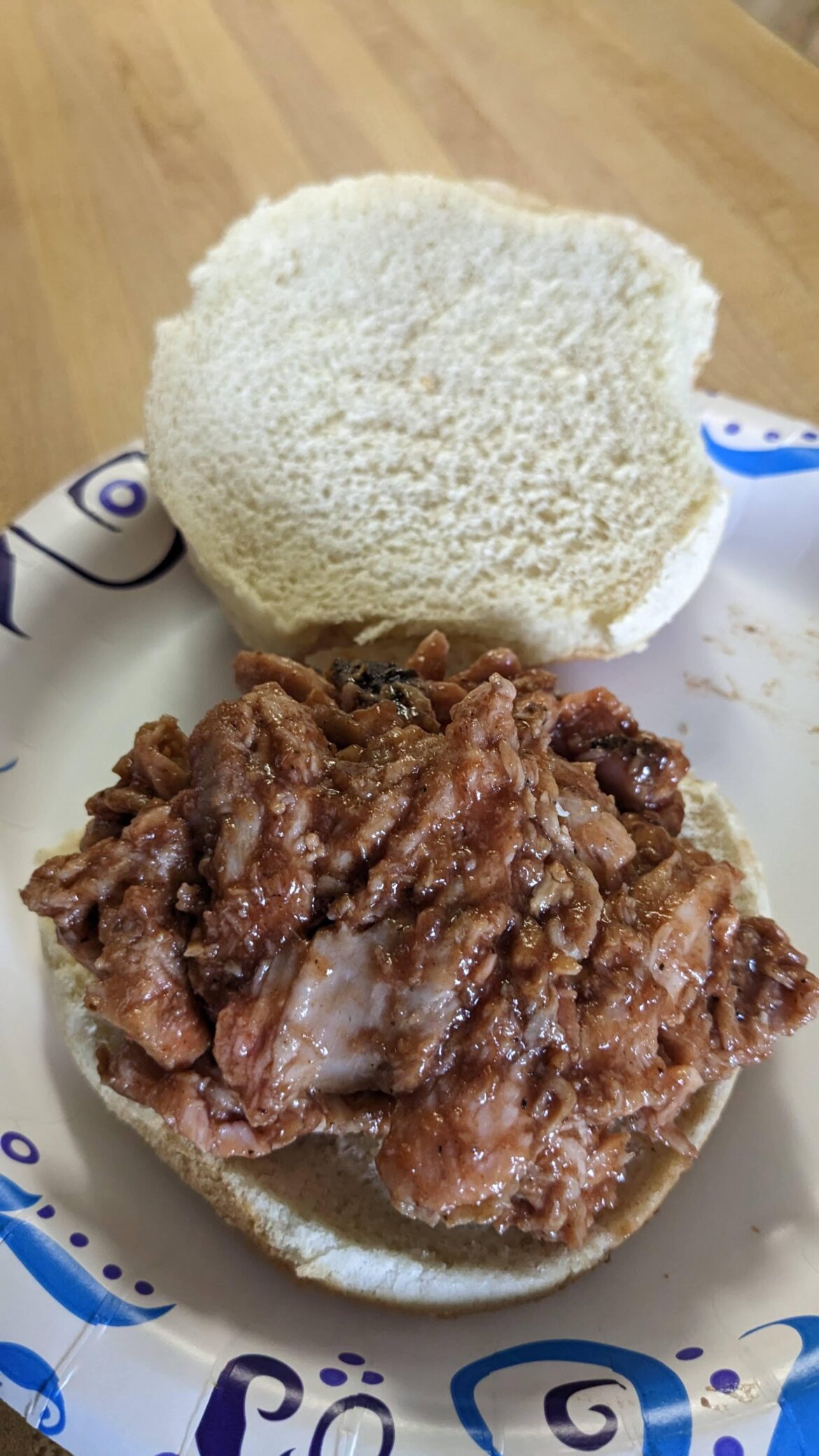 Pork Butt Sandwich. Sweet Baby Rays Hot And Spicy.