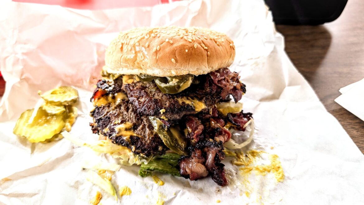 Double pastrami cheeseburger with jalapenos