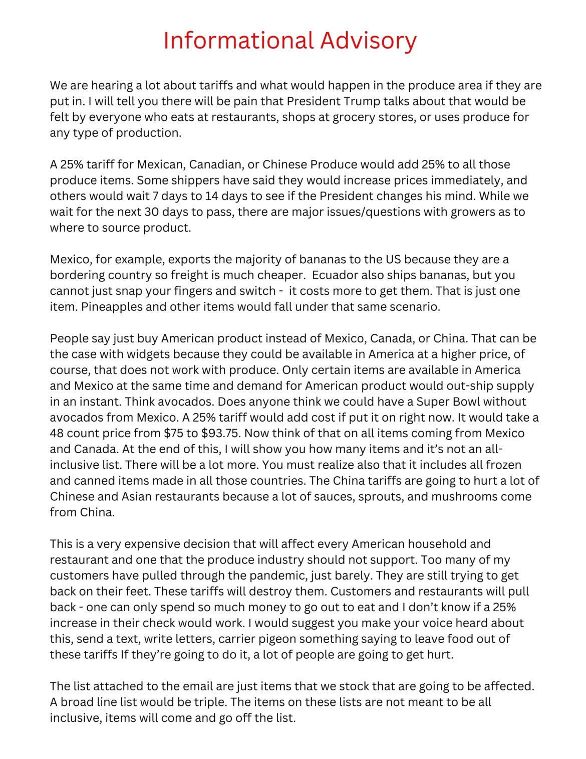 Received tariff notice from vendor