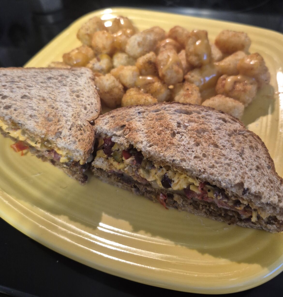 Boca Burger, Bacon, Pimiento Cheese, Olive Tapenade, Dijon on Toasted Whole Grain with Tots
