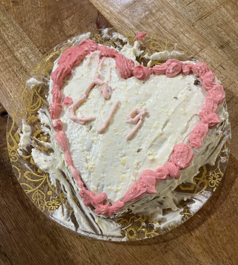 please don’t bully me i’m actually proud of it 😭😭😭 my first time baking and decorating for my birthday!!! i know it looks silly and i know the buttercream has weird clumps in it and it has weird holes in it like teeth and i also gave up on the angel wings i wanted to draw but. AAAAAA