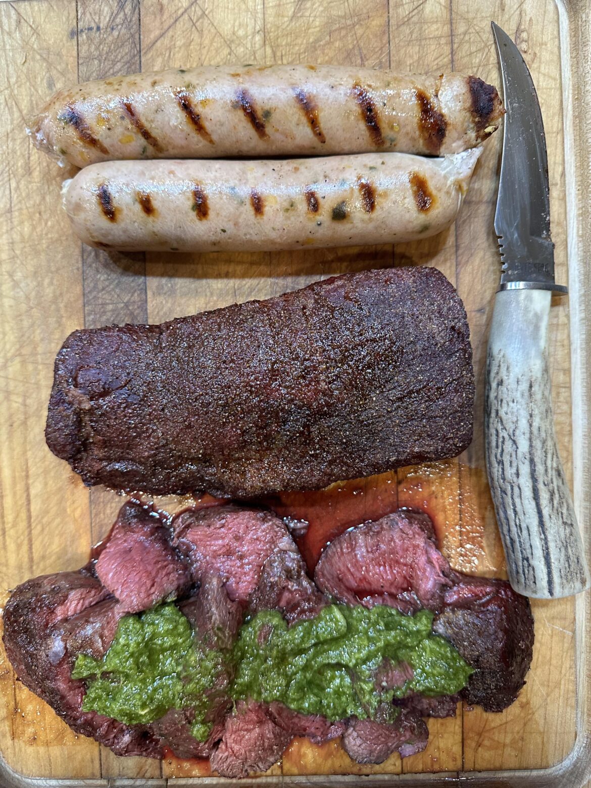 Smoked Venison Backstrap with Chimichurri and Homemade Venison Brats